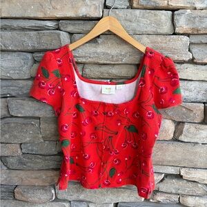 Anthropologie Maeve Red Cherry Print Square Neck Top Fruit Size Large Cap Sleeve